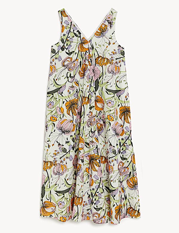 Gaun Terusan Midi Katun Murni Kerah V Motif Bunga - ID