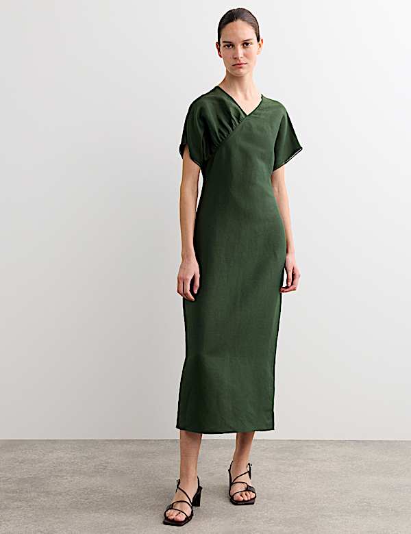 olive green black tie dress casual dress woman Maxi linen dress long sleeve dress in dark green (5 –  Xiaolizi