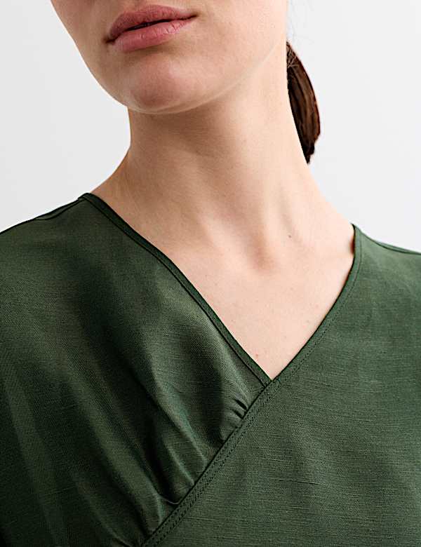 Robe midi style portefeuille en lin &agrave; col V - BE