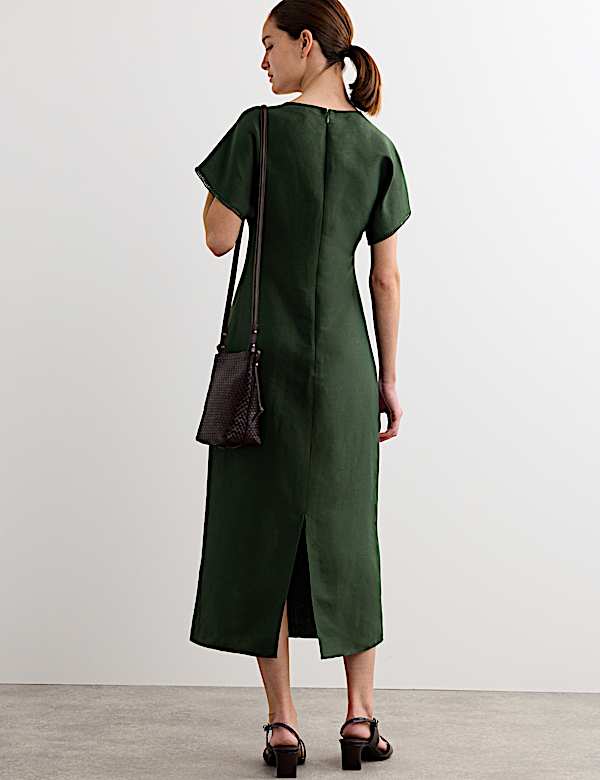 Robe midi style portefeuille en lin &agrave; col V - BE