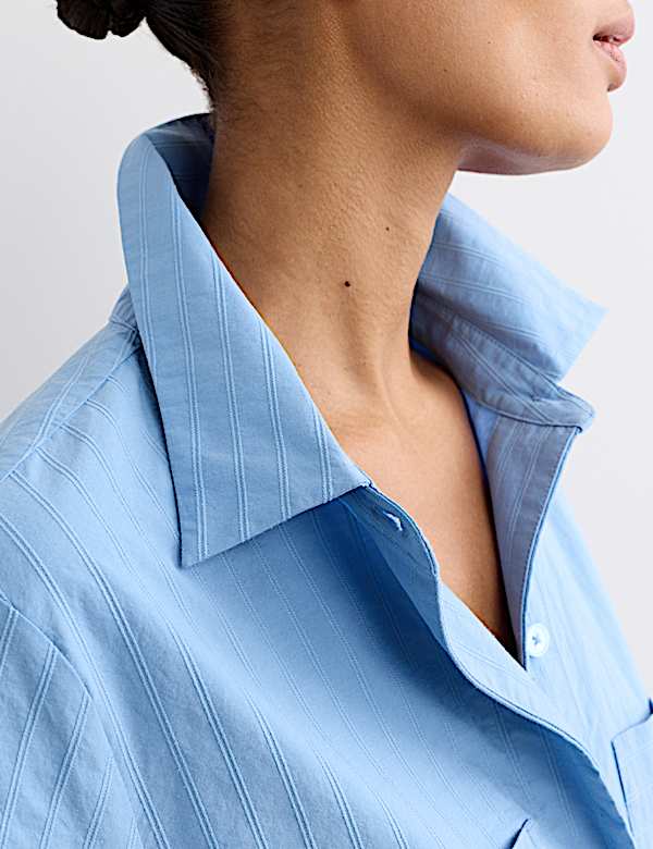 Vestido camisero a media pierna de rayas 100% algod&oacute;n - ES