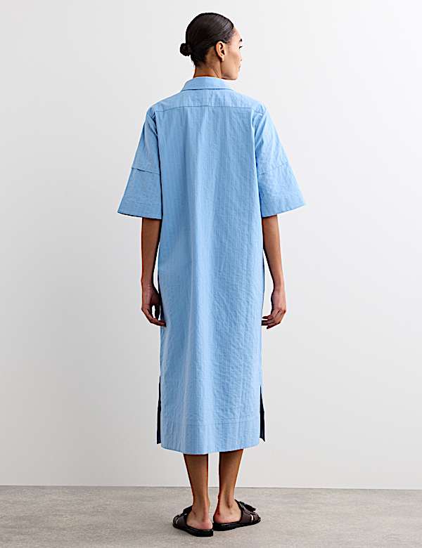 Vestido camisero a media pierna de rayas 100% algod&oacute;n - ES