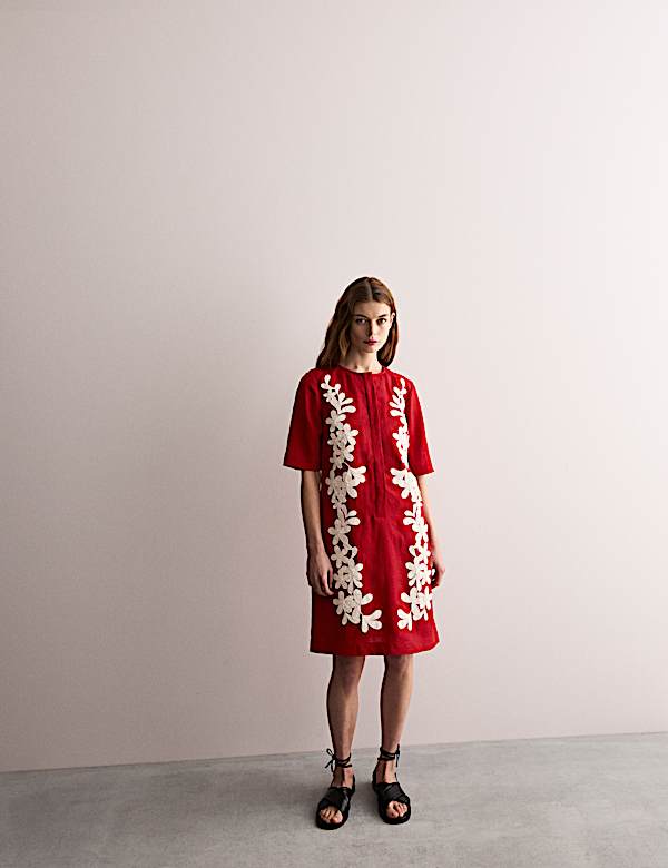 Pure Linen Embroidered Mini Shift Dress - NL