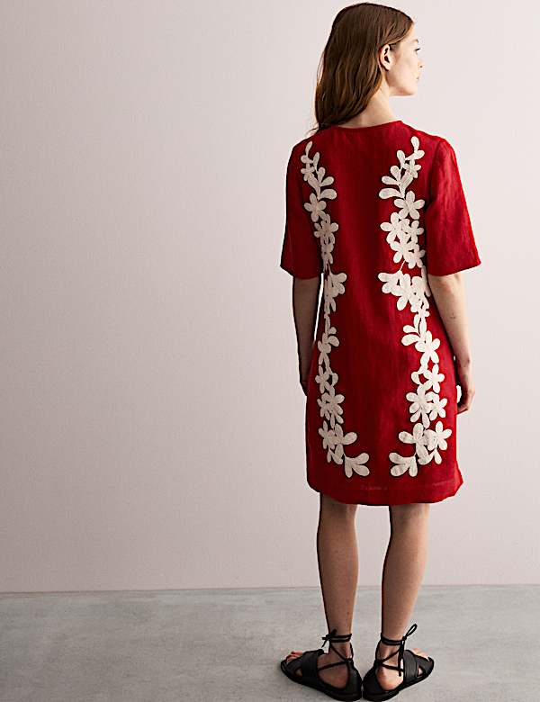 Pure Linen Embroidered Mini Shift Dress - NL