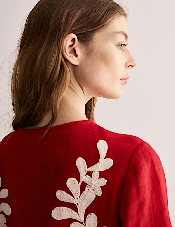 Pure Linen Embroidered Mini Shift Dress - NL