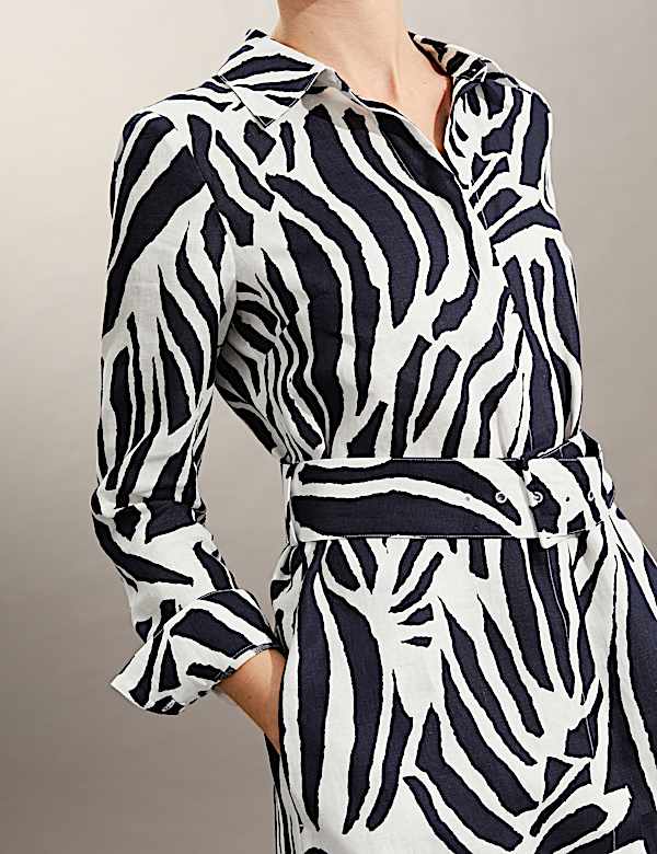 Robe midi style chemise 100&nbsp;% lin &agrave; imprim&eacute; z&egrave;bre - CA