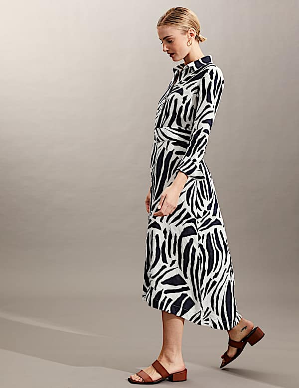 Robe midi style chemise 100&nbsp;% lin &agrave; imprim&eacute; z&egrave;bre - CA