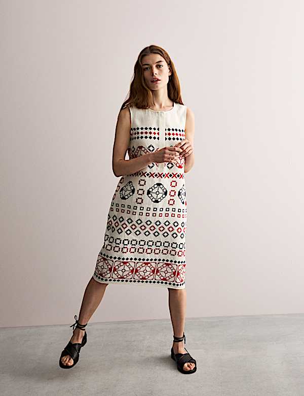 Pure Linen Geometric Knee Length Shift Dress - GR