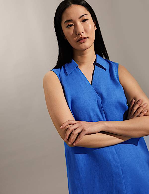 Robe tube sans manches 100&nbsp;% lin &agrave; col V - BE