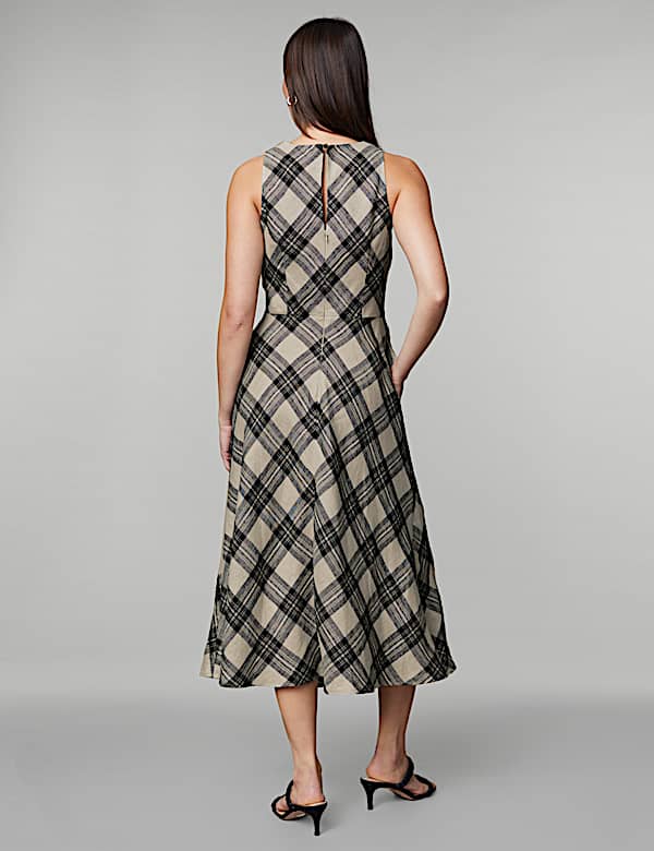 Pure Linen Checked Midi Skater Dress - FR