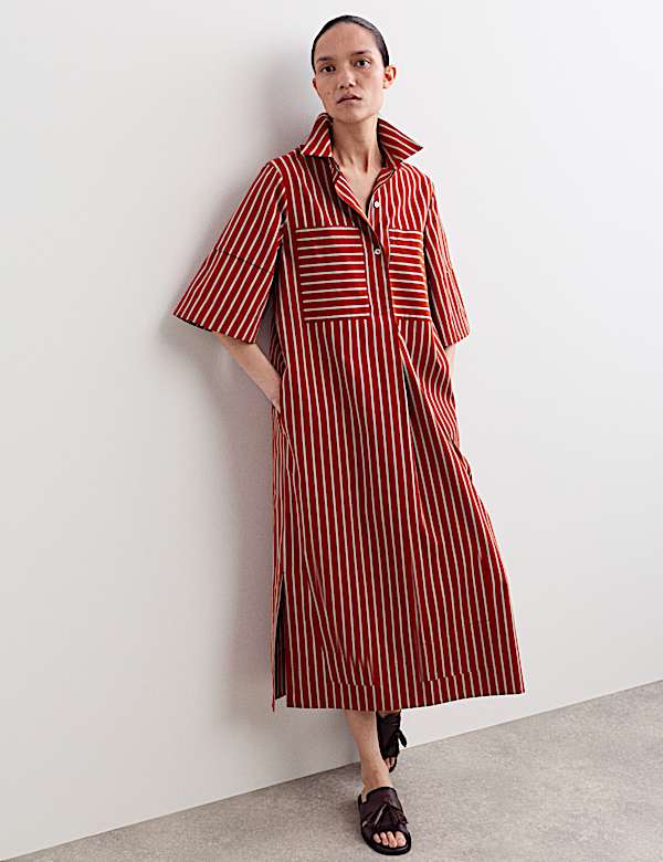 Pure Cotton Striped Midi Shirt Dress | DARK RED MIX | Dresses | M&S IT