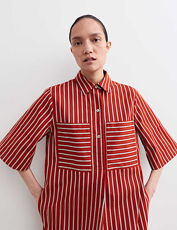 Pure Cotton Striped Midi Shirt Dress - CA