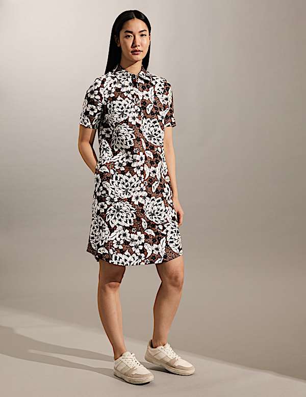 Robe chemise coupe courte 100&nbsp;% lin &agrave; motif fleuri - BE