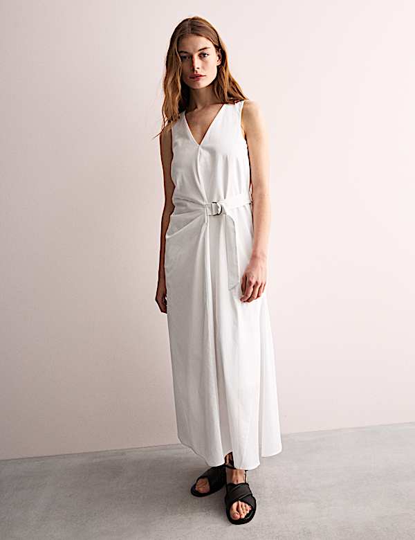 Pure Cotton V-Neck Midi Wrap Dress - GR