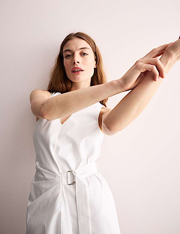 Robe midi style portefeuille 100 % coton &agrave; col en V - FR