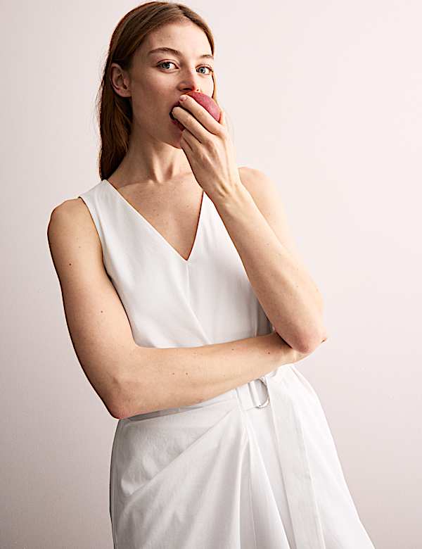 Robe midi style portefeuille 100 % coton &agrave; col en V - FR