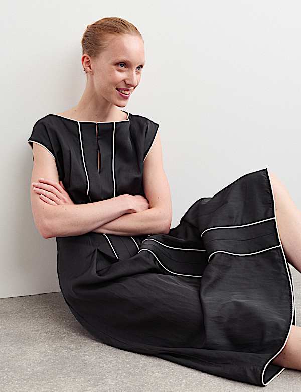 Robe coupe droite midaxi en satin avec lin - CA