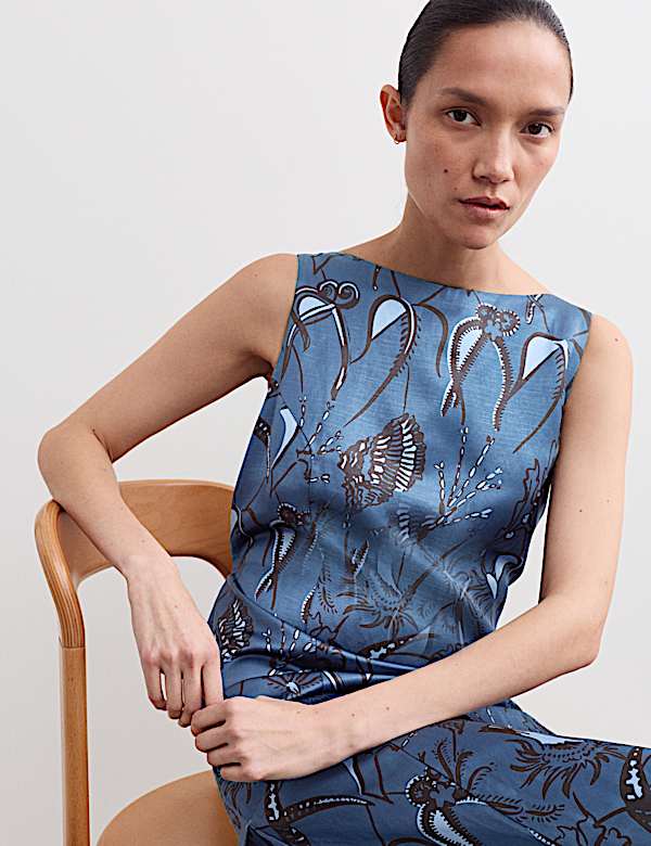 Sea Print Slash Neck Midi Column Dress - BE