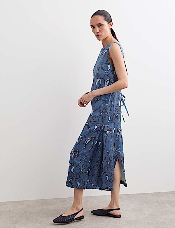 Sea Print Slash Neck Midi Column Dress - BE