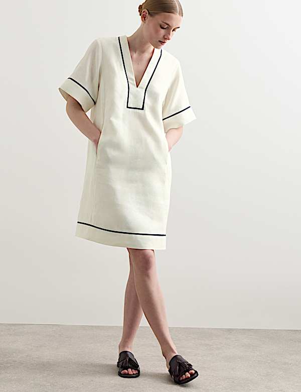 Shift Dress White Linen V Neck Dress Pure Linen V-Neck Knee Length Shift  Dress IVORY