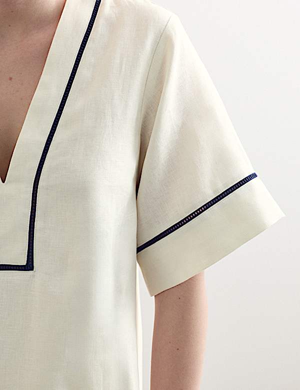 Pure Linen Relaxed V-Neck Knee Length Dress - IT