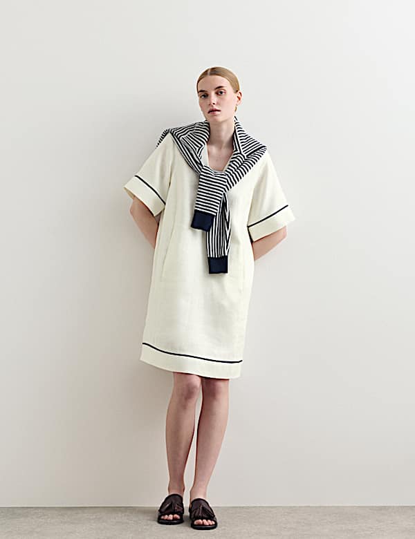 Pure Linen Relaxed V-Neck Knee Length Dress - IT