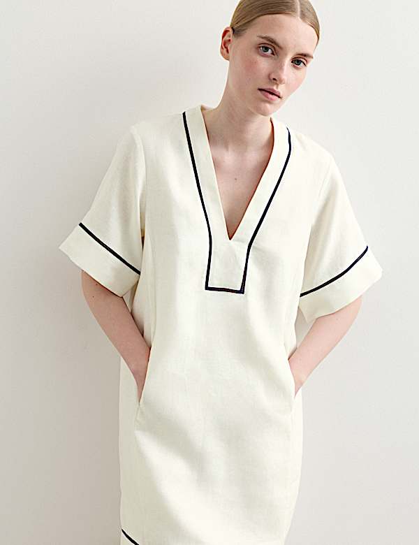 Pure Linen Relaxed V-Neck Knee Length Dress - IT
