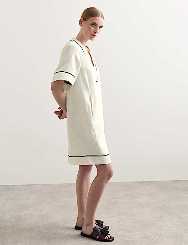 Pure Linen Relaxed V-Neck Knee Length Dress - IT
