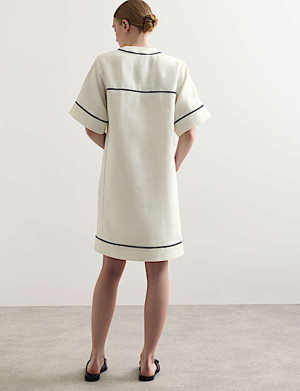 Pure Linen Relaxed V-Neck Knee Length Dress - IT