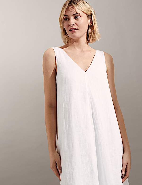 Pure Linen V-Neck Maxi Relaxed Dress - CA