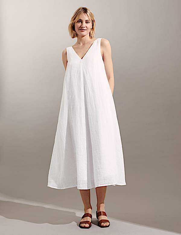Pure Linen V-Neck Maxi Relaxed Dress - CA