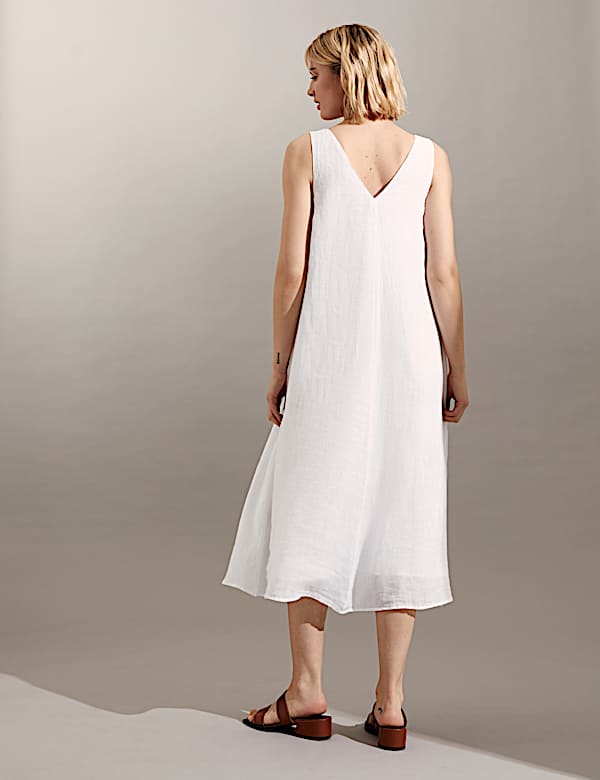 Pure Linen V-Neck Maxi Relaxed Dress - CA