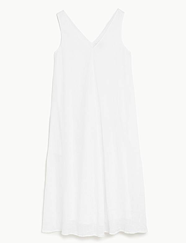 Pure Linen V-Neck Maxi Relaxed Dress - CA