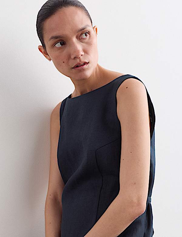 Pure Linen Slash Neck Midi Column Dress - NZ