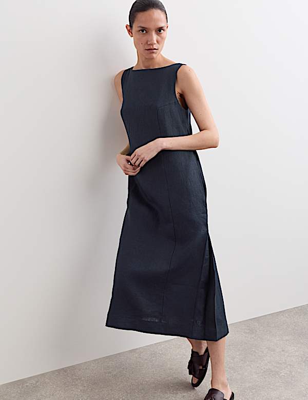 Pure Linen Slash Neck Midi Column Dress - NZ
