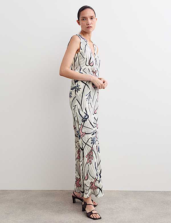 Pure Silk Floral V-Neck Maxi Column Dress - IT
