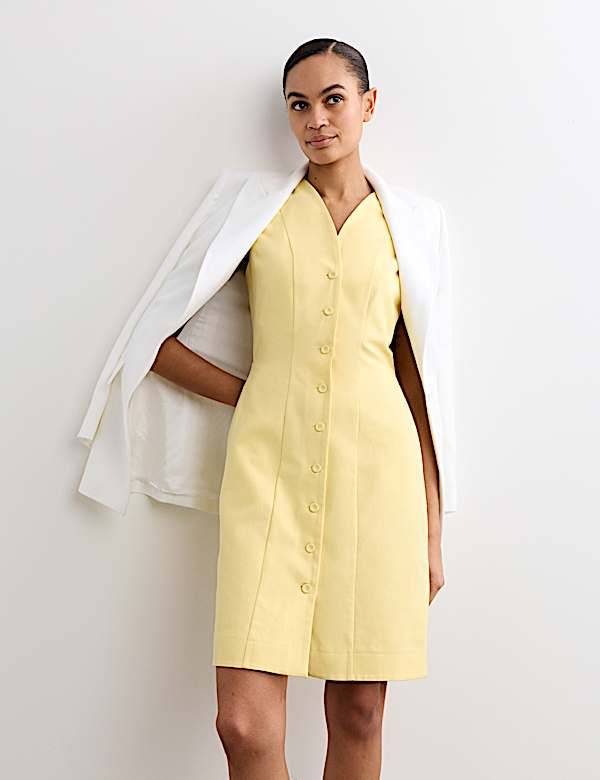 Vestido recto por la rodilla de cuello en pico de mezcla de algod&oacute;n - ES