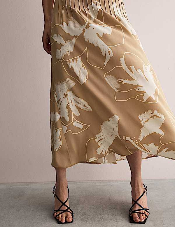 Vestido a media pierna 100 % seda con cintura y estampado floral - ES