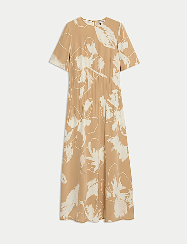 Vestido a media pierna 100 % seda con cintura y estampado floral - ES