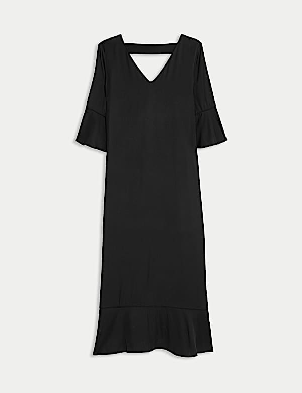 Vestido columna a media pierna con cuello en pico y mangas con volante - ES