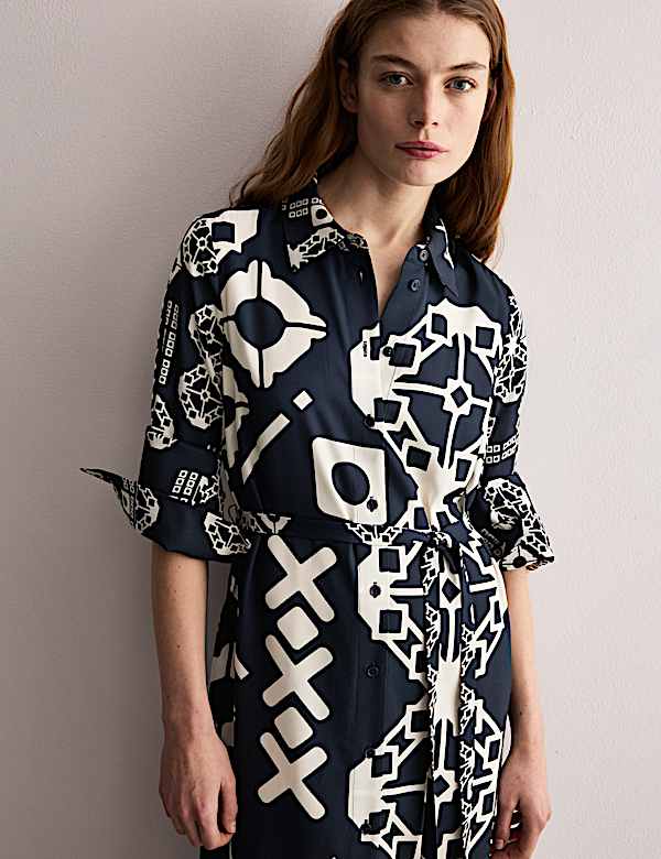 Geometric Collared Belted Midi Shirt Dress - GR