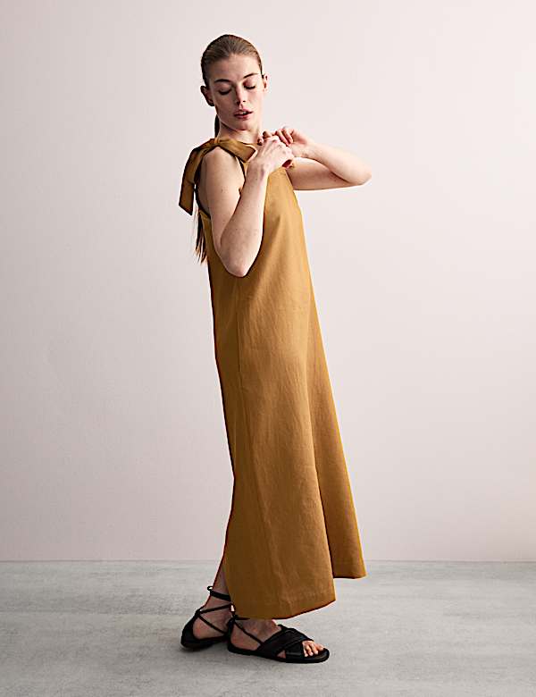 Pure Linen Square Neck Tie Strap Midi Slip Dress - GR