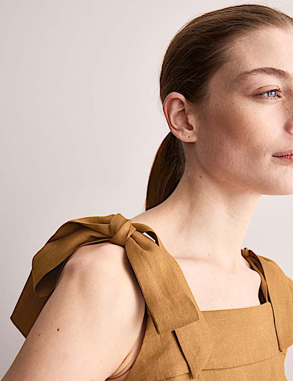 Μίντι φόρεμα με τιράντες που δένουν και τετράγωνη λαιμόκοψη από 100% λινό - GR