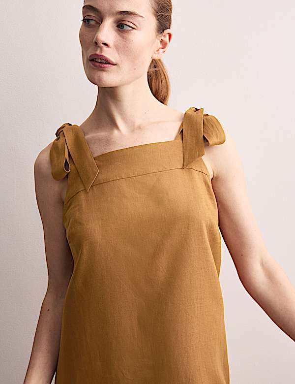 Μίντι φόρεμα με τιράντες που δένουν και τετράγωνη λαιμόκοψη από 100% λινό - GR