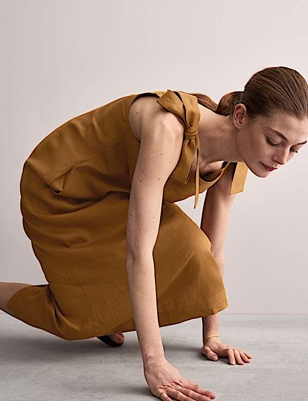 Μίντι φόρεμα με τιράντες που δένουν και τετράγωνη λαιμόκοψη από 100% λινό - GR