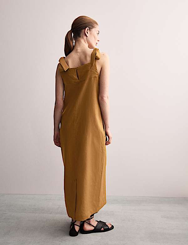 Μίντι φόρεμα με τιράντες που δένουν και τετράγωνη λαιμόκοψη από 100% λινό - GR