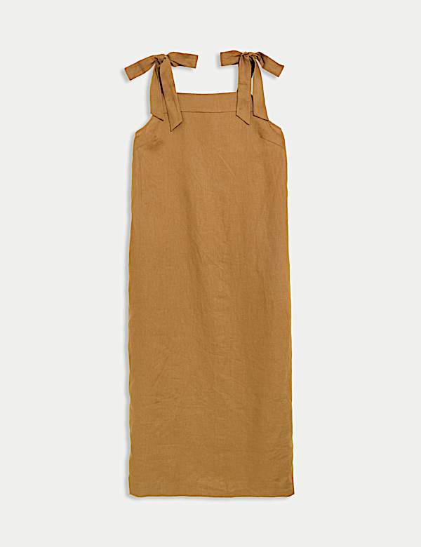 Μίντι φόρεμα με τιράντες που δένουν και τετράγωνη λαιμόκοψη από 100% λινό - GR