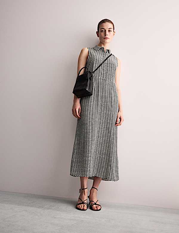 Pure Silk Geometric Midi Skater Dress - GR