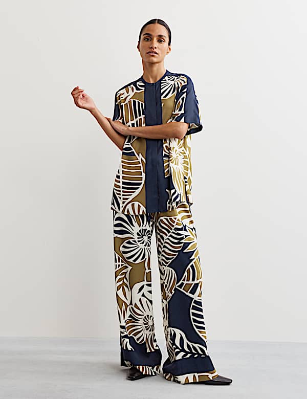 Chemise coupe décontracté à col rond avec imprimé feuille - FR