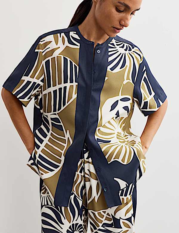 Chemise coupe décontracté à col rond avec imprimé feuille - FR